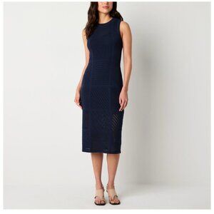 NWT-Worthington Womens Sleeveless Midi Sweater Dress Navy XS side slit slip